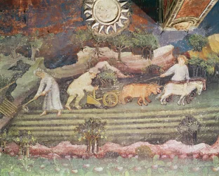 Der Monat September, Detail des Pflügens, um 1400